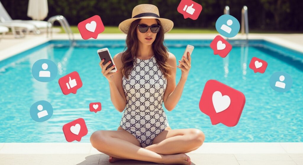Mulher estilosa gerenciando redes sociais, demonstrando como divulgar o perfil no Privacy para atrair assinantes.