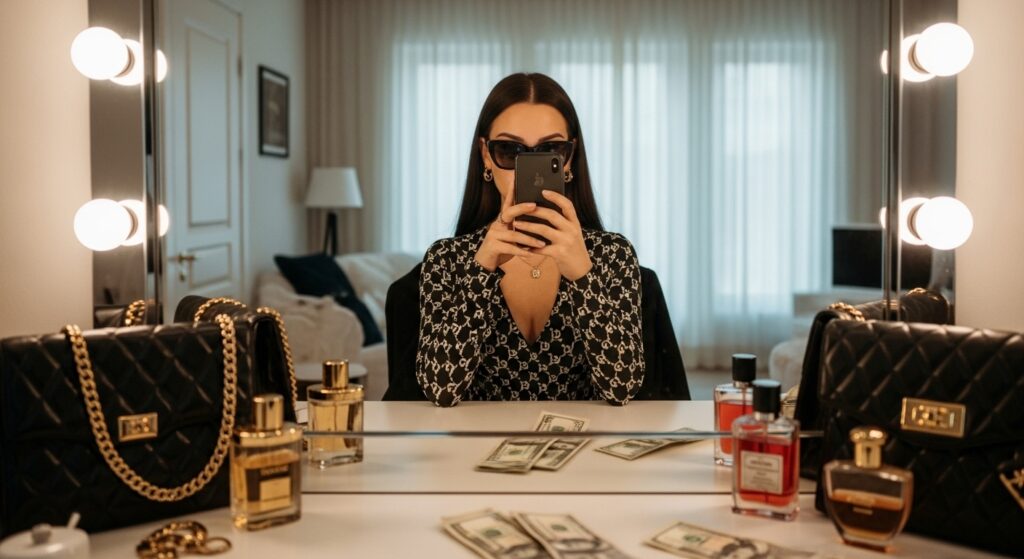 Influencer mascarada em look de luxo, simbolizando criação de conteúdo anônimo e segurança digital no Privacy.